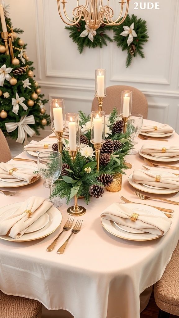 Elegant beige Christmas table setting with dinnerware, candles, and natural decorations.